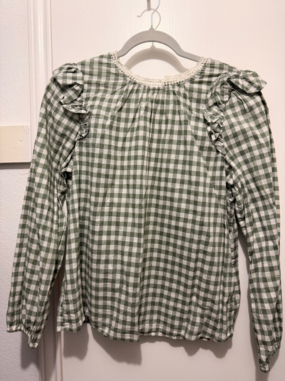 J. Crew Sage Green and White Gingham Blouse with Crochet Trim